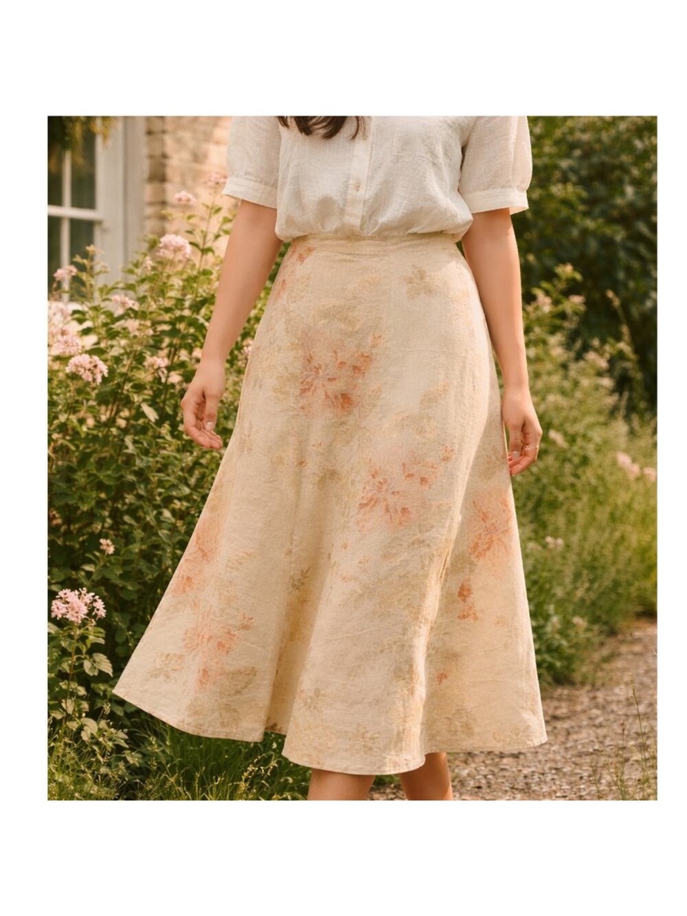 Lauren Ralph Lauren Cream Floral A-Line Midi Skirt, Linen, 16W